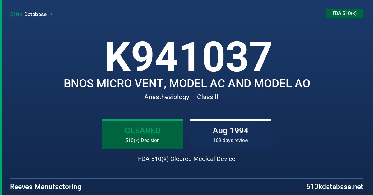 K941037 BNOS MICRO VENT, MODEL AC AND MODEL AO FDA 510(k) Cleared Medical Device