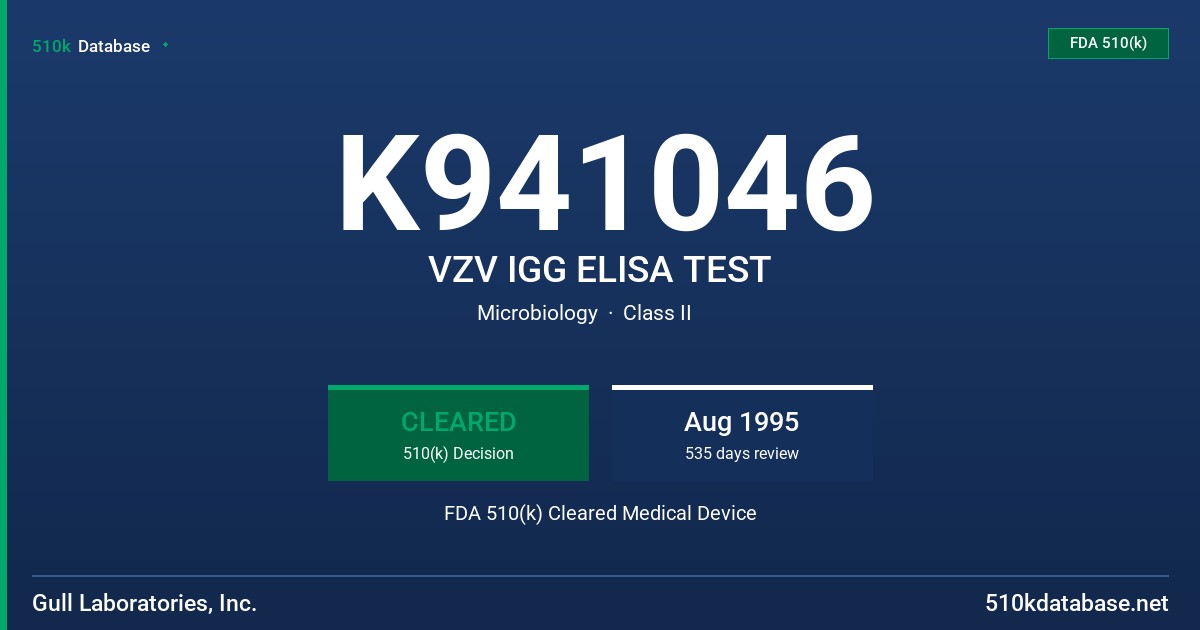 K941046 VZV IGG ELISA TEST FDA 510(k) Cleared Medical Device