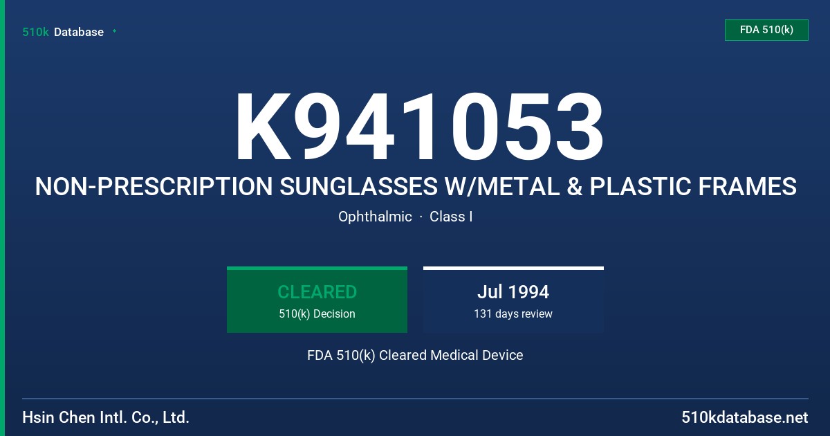 K941053 NON-PRESCRIPTION SUNGLASSES W/METAL & PLASTIC FRAMES FDA 510(k) Cleared Medical Device
