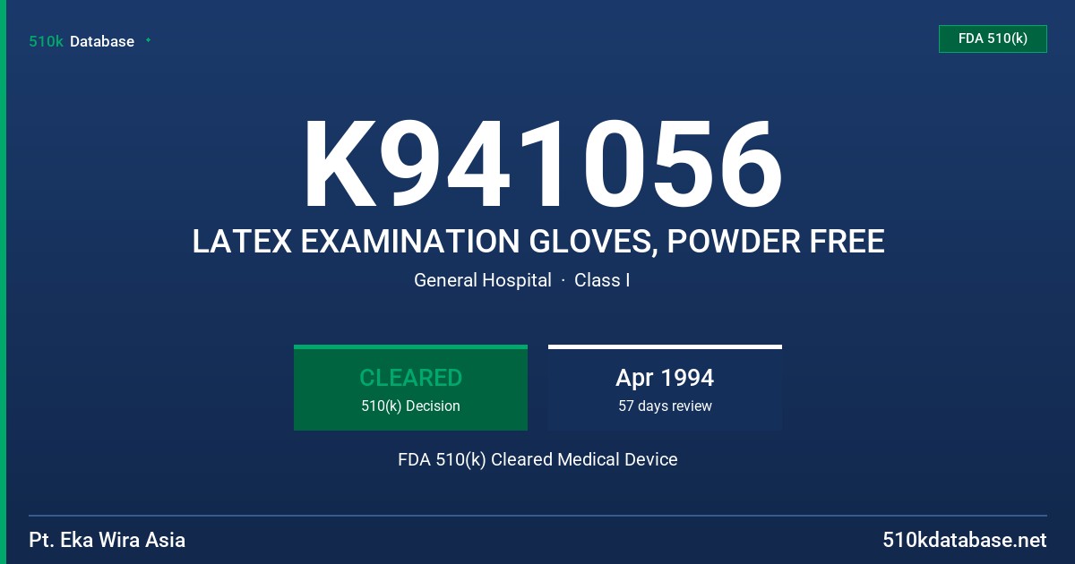 K941056 LATEX EXAMINATION GLOVES, POWDER FREE FDA 510(k) Cleared Medical Device