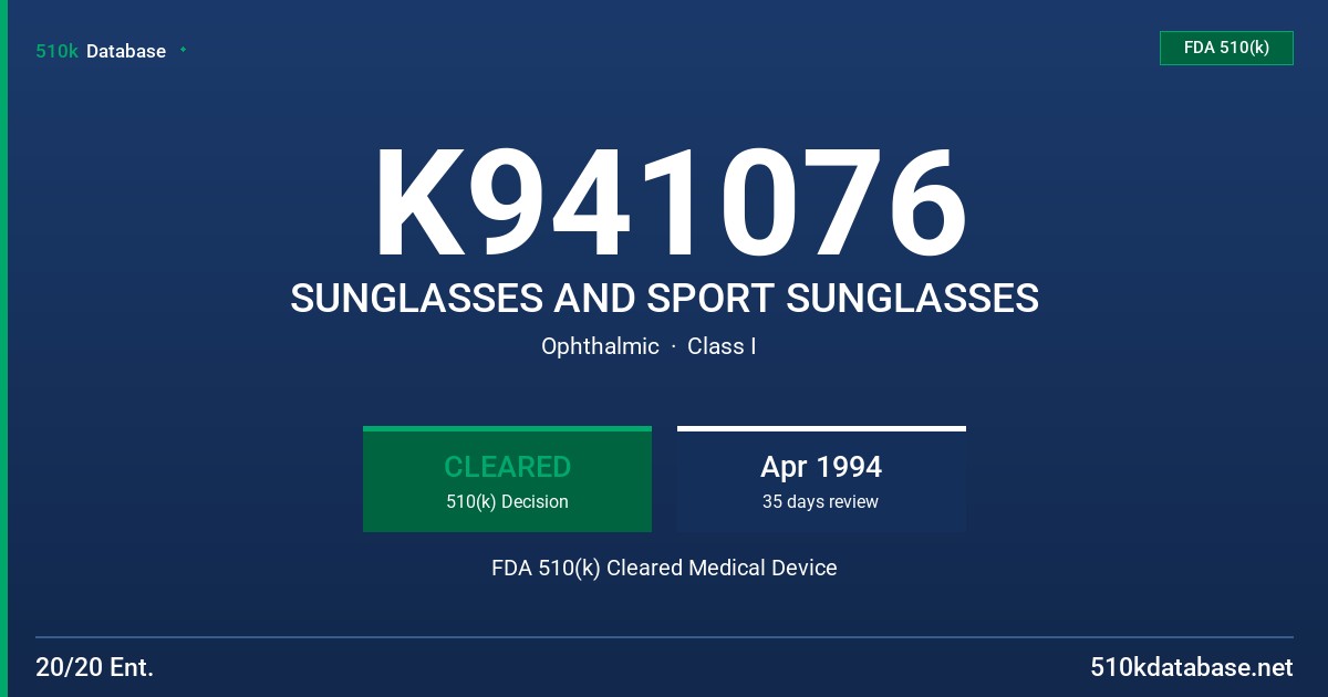 K941076 SUNGLASSES AND SPORT SUNGLASSES FDA 510(k) Cleared Medical Device