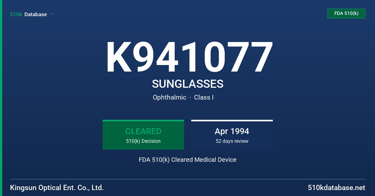 K941077 SUNGLASSES FDA 510(k) Cleared Medical Device