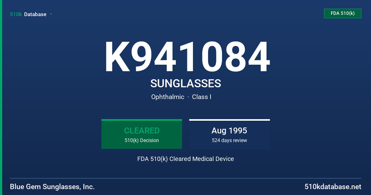 K941084 SUNGLASSES FDA 510(k) Cleared Medical Device