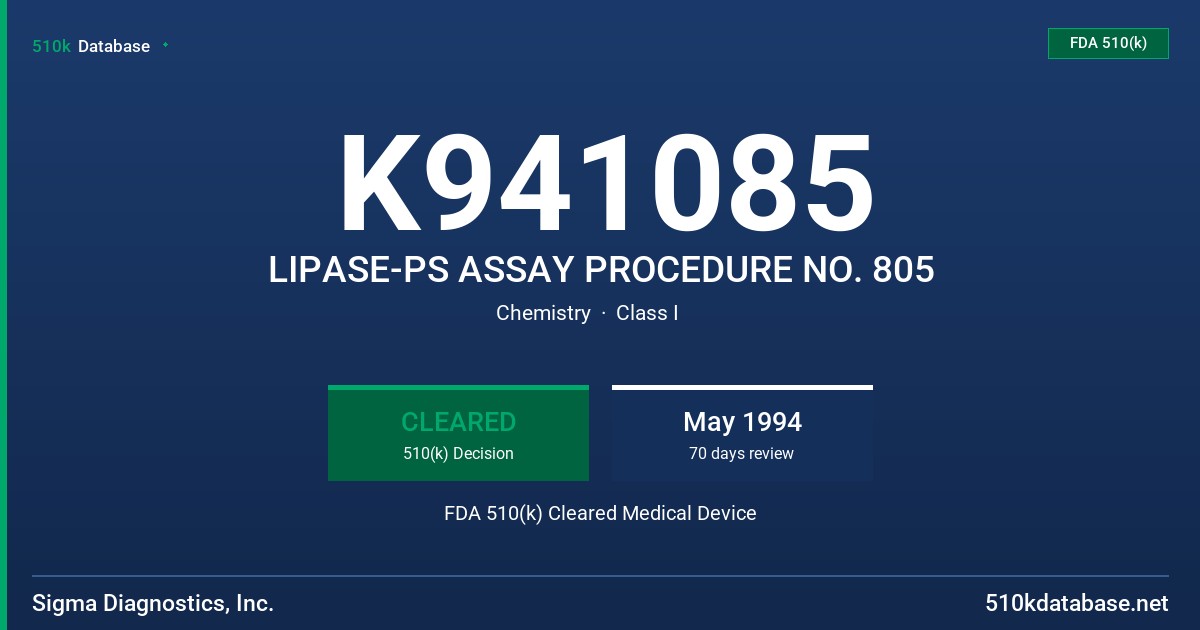 K941085 LIPASE-PS ASSAY PROCEDURE NO. 805 FDA 510(k) Cleared Medical Device