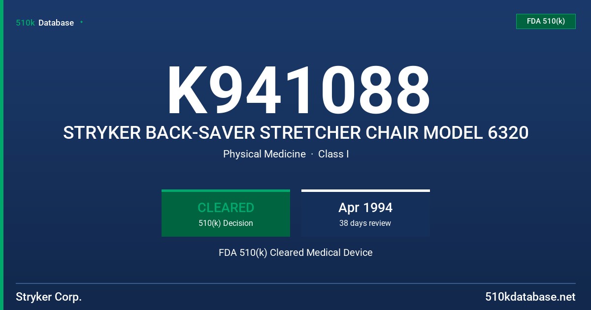 K941088 STRYKER BACK-SAVER STRETCHER CHAIR MODEL 6320 FDA 510(k) Cleared Medical Device