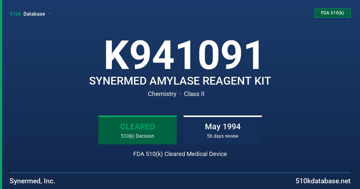 K941091 SYNERMED AMYLASE REAGENT KIT FDA 510(k) Cleared Medical Device