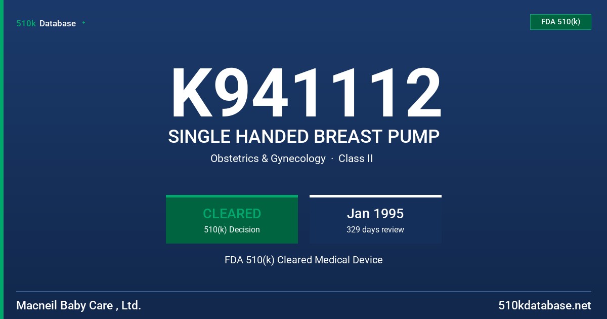 K941112 SINGLE HANDED BREAST PUMP FDA 510(k) Cleared Medical Device