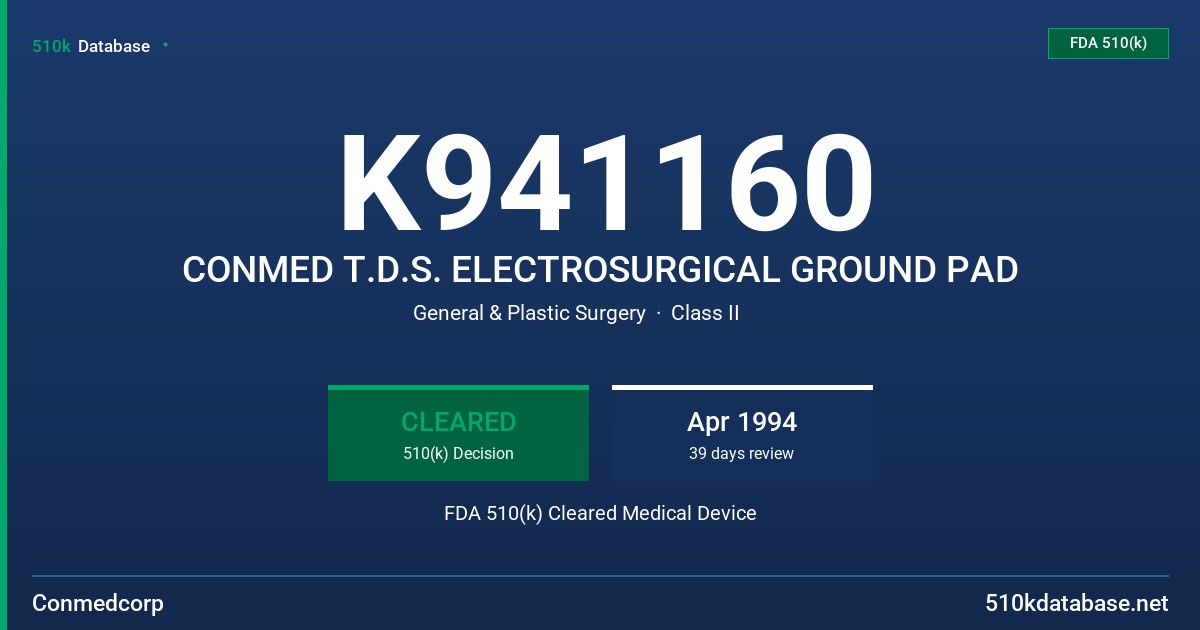 K941160 CONMED T.D.S. ELECTROSURGICAL GROUND PAD FDA 510(k) Cleared Medical Device