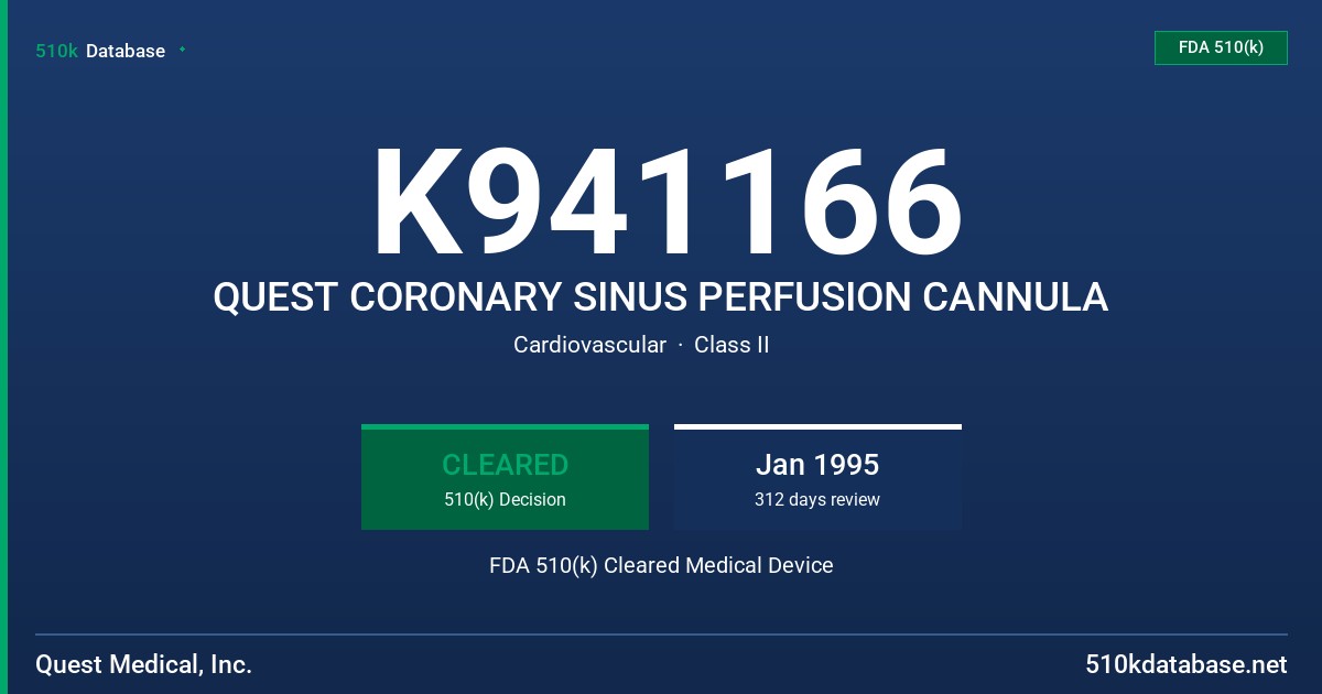 K941166 QUEST CORONARY SINUS PERFUSION CANNULA FDA 510(k) Cleared Medical Device