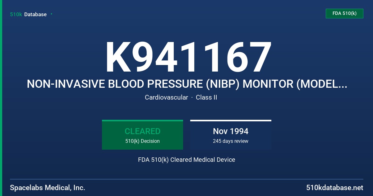 K941167 NON-INVASIVE BLOOD PRESSURE (NIBP) MONITOR (MODEL 90553) FDA 510(k) Cleared Medical Device