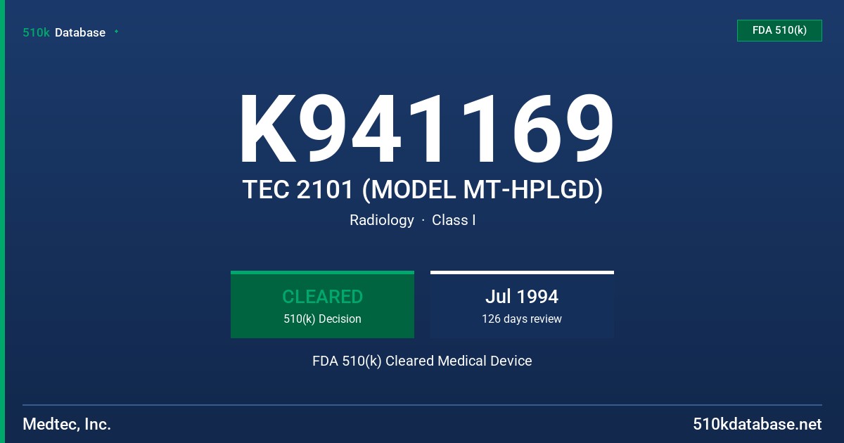 K941169 TEC 2101 (MODEL MT-HPLGD) FDA 510(k) Cleared Medical Device