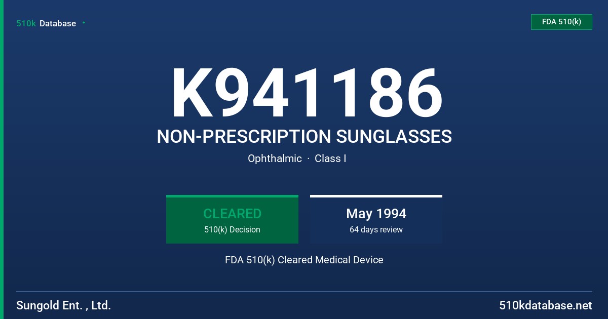 K941186 NON-PRESCRIPTION SUNGLASSES FDA 510(k) Cleared Medical Device