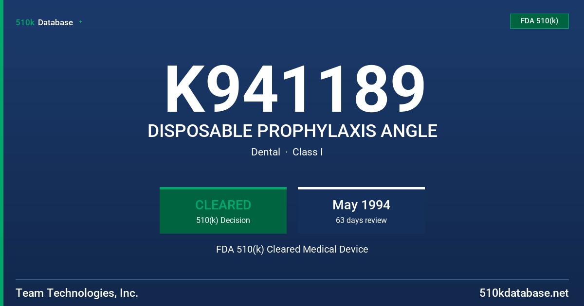 K941189 DISPOSABLE PROPHYLAXIS ANGLE FDA 510(k) Cleared Medical Device