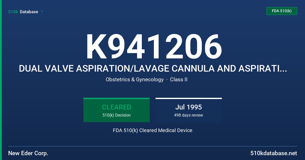 K941206 DUAL VALVE ASPIRATION/LAVAGE CANNULA AND ASPIRATION/SUCTION PROBE FDA 510(k) Cleared Medical Device