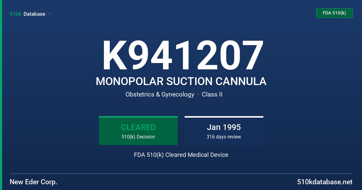 K941207 MONOPOLAR SUCTION CANNULA FDA 510(k) Cleared Medical Device