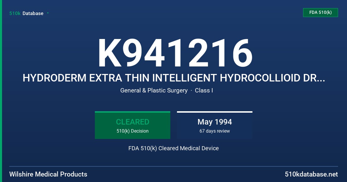 K941216 HYDRODERM EXTRA THIN INTELLIGENT HYDROCOLLIOID DRESSING FDA 510(k) Cleared Medical Device
