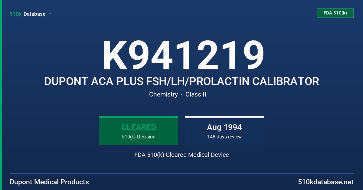 K941219 DUPONT ACA PLUS FSH/LH/PROLACTIN CALIBRATOR FDA 510(k) Cleared Medical Device