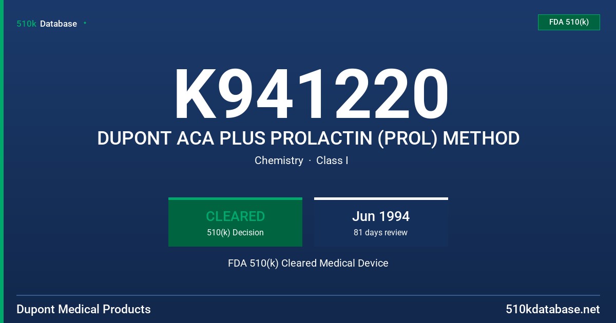 K941220 DUPONT ACA PLUS PROLACTIN (PROL) METHOD FDA 510(k) Cleared Medical Device