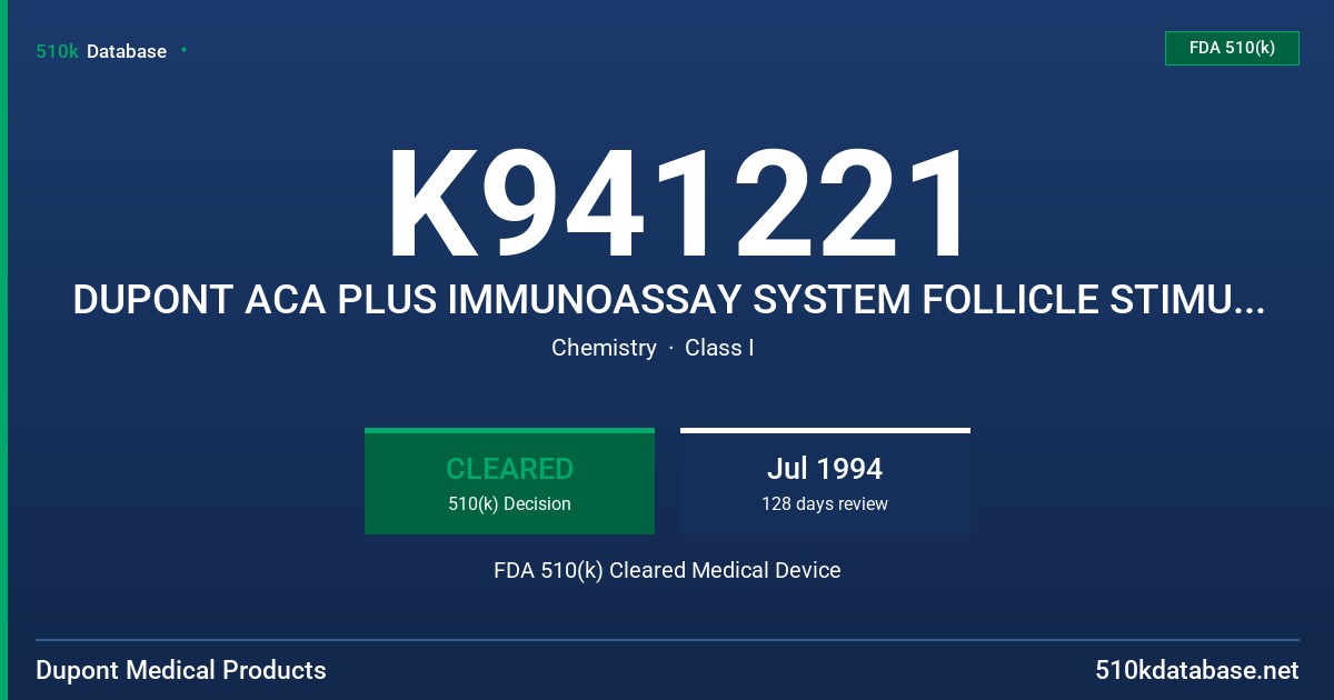 K941221 DUPONT ACA PLUS IMMUNOASSAY SYSTEM FOLLICLE STIMULATING HORMONE FDA 510(k) Cleared Medical Device