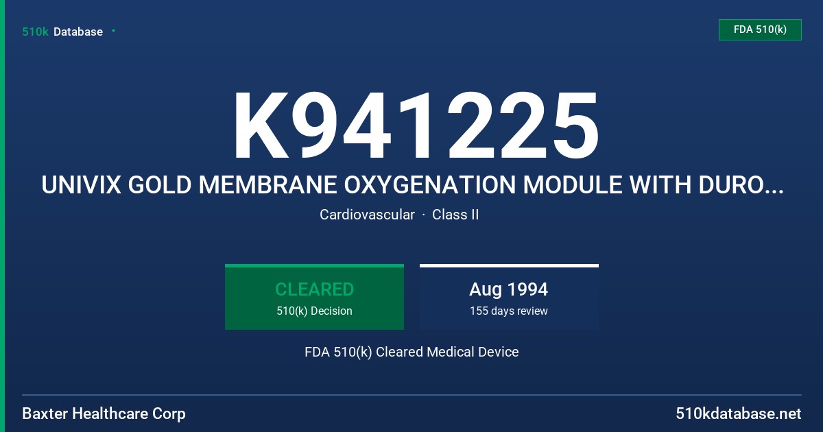 K941225 UNIVIX GOLD MEMBRANE OXYGENATION MODULE WITH DUROFLO II HEPARIN TREATMENT FDA 510(k) Cleared Medical Device