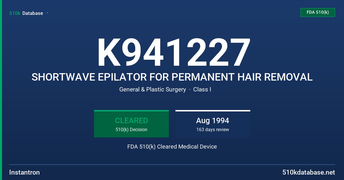 K941227 SHORTWAVE EPILATOR FOR PERMANENT HAIR REMOVAL FDA 510(k) Cleared Medical Device