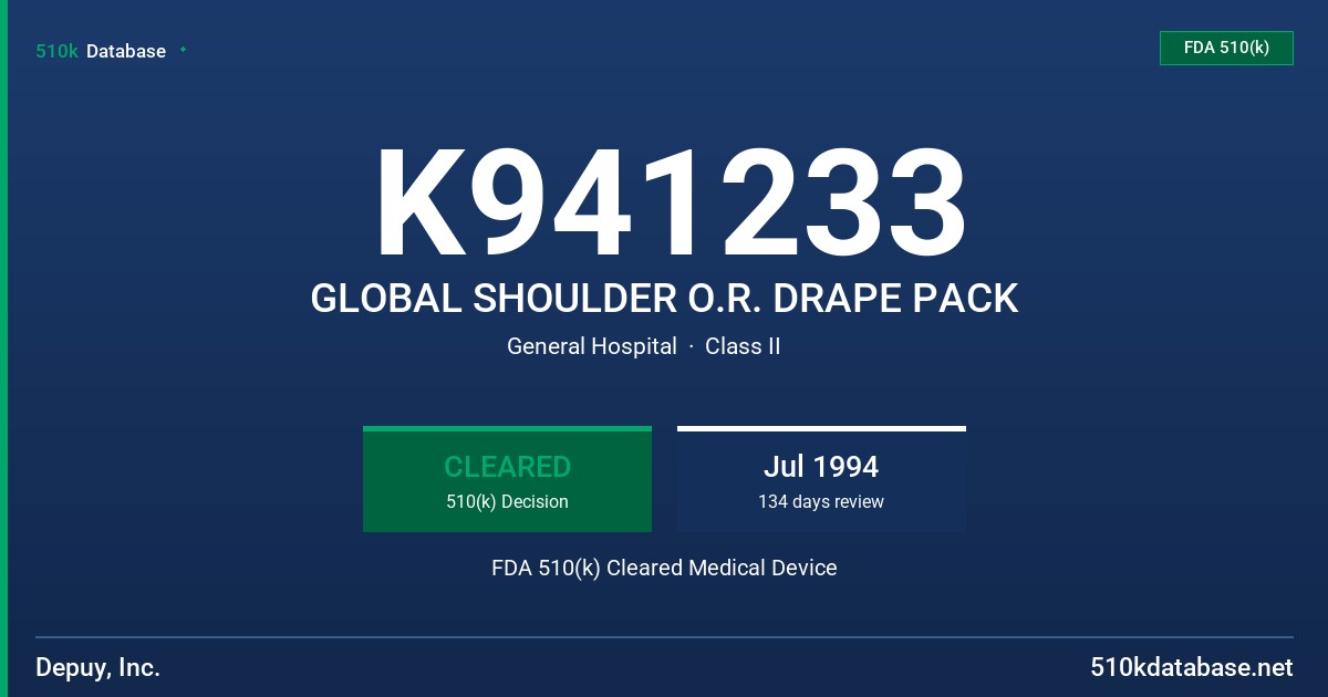 K941233 GLOBAL SHOULDER O.R. DRAPE PACK FDA 510(k) Cleared Medical Device