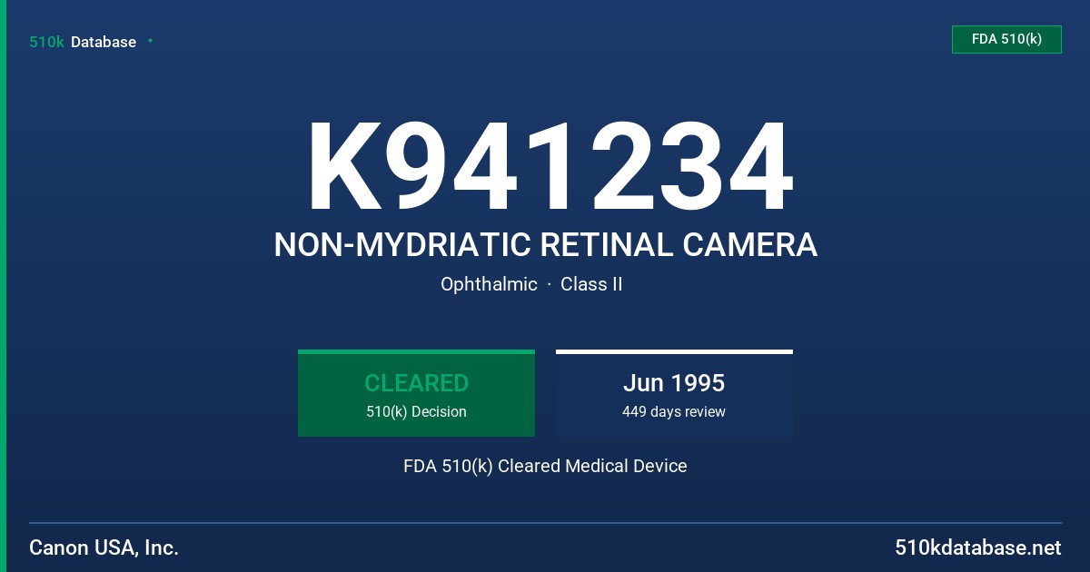 K941234 NON-MYDRIATIC RETINAL CAMERA FDA 510(k) Cleared Medical Device