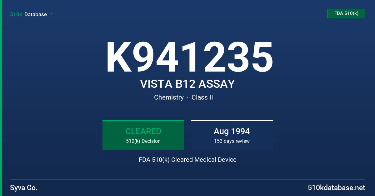 K941235 VISTA B12 ASSAY FDA 510(k) Cleared Medical Device