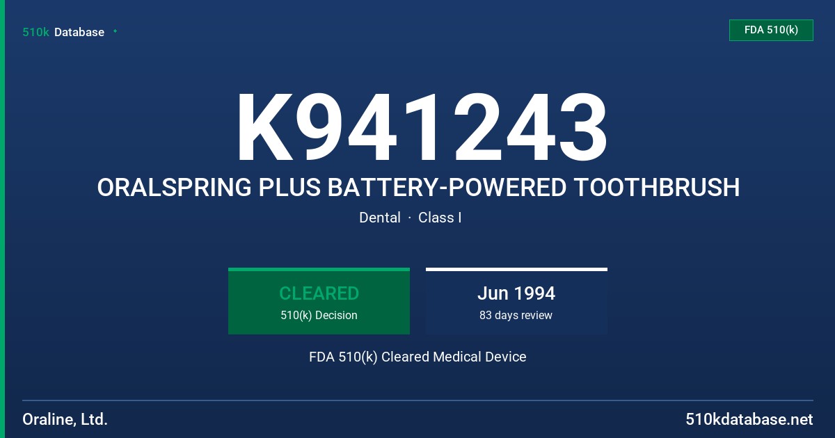 K941243 ORALSPRING PLUS BATTERY-POWERED TOOTHBRUSH FDA 510(k) Cleared Medical Device