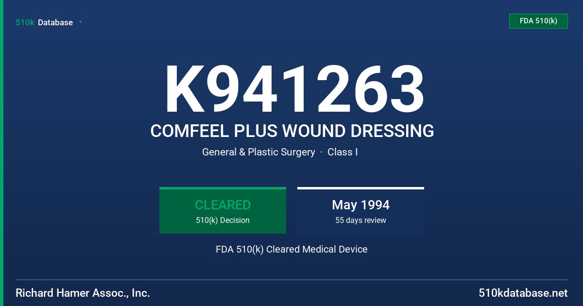 K941263 COMFEEL PLUS WOUND DRESSING FDA 510(k) Cleared Medical Device