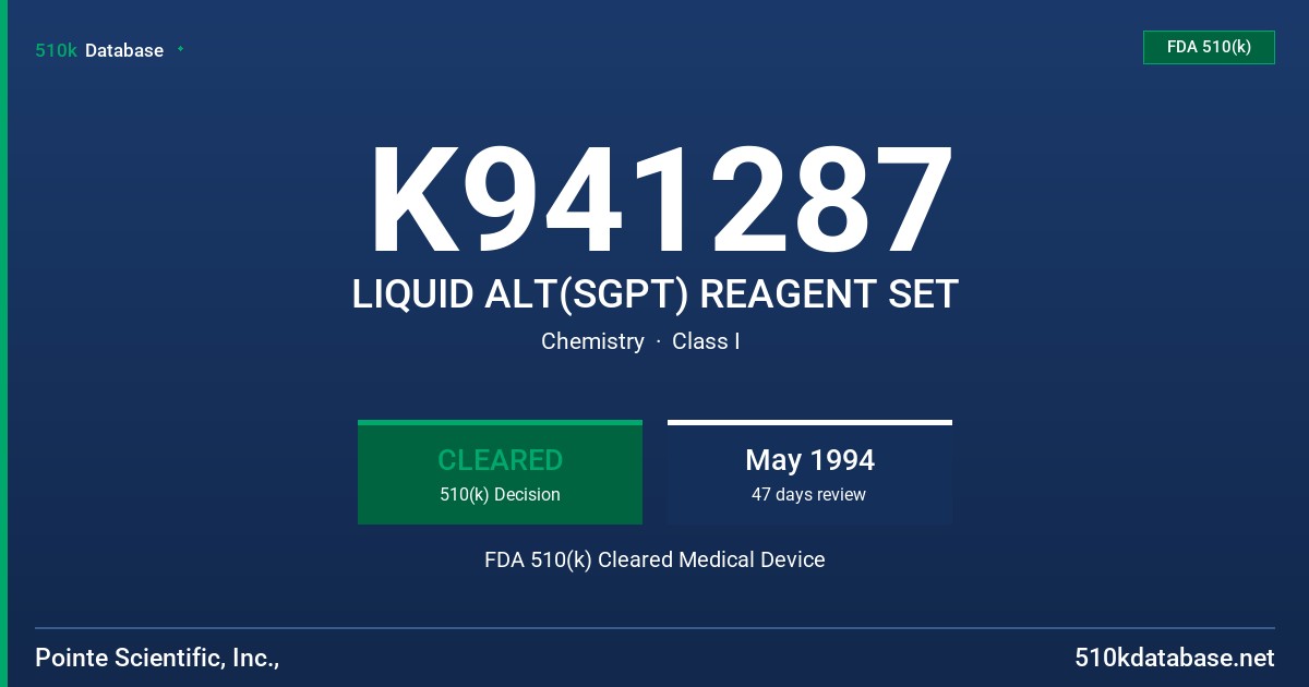 K941287 LIQUID ALT(SGPT) REAGENT SET FDA 510(k) Cleared Medical Device