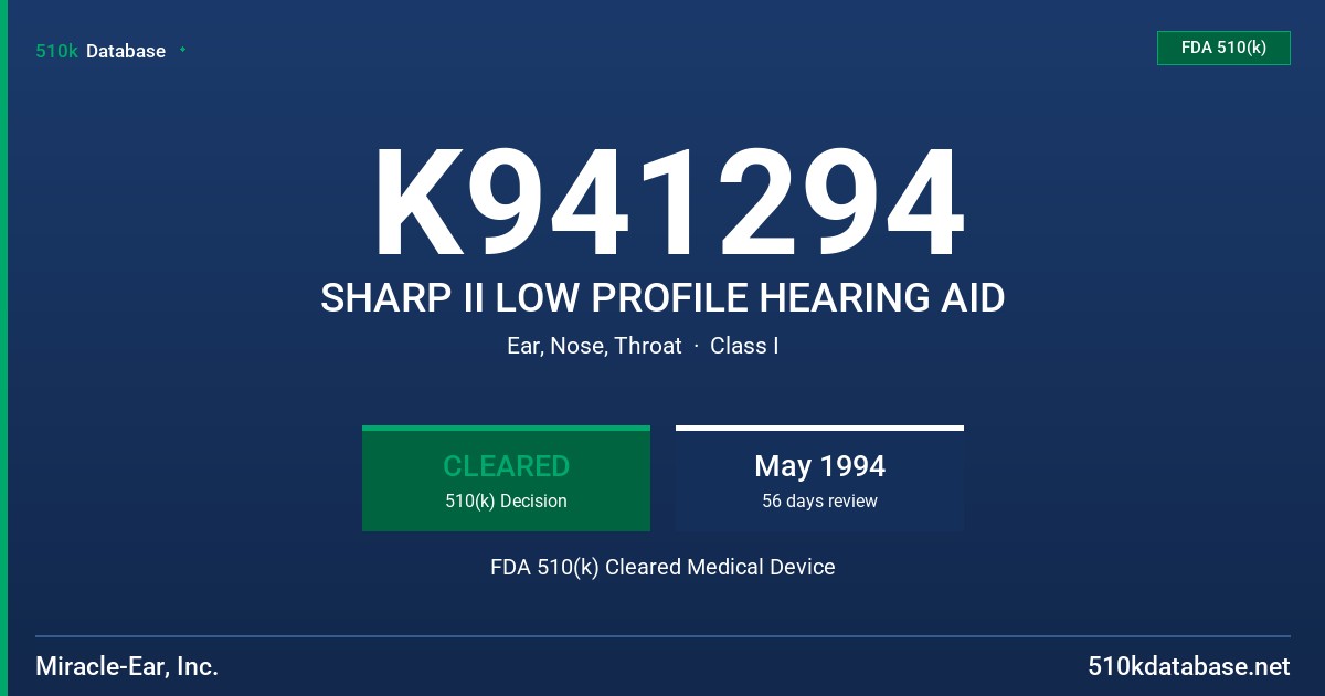 K941294 SHARP II LOW PROFILE HEARING AID FDA 510(k) Cleared Medical Device