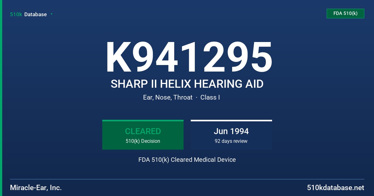 K941295 SHARP II HELIX HEARING AID FDA 510(k) Cleared Medical Device