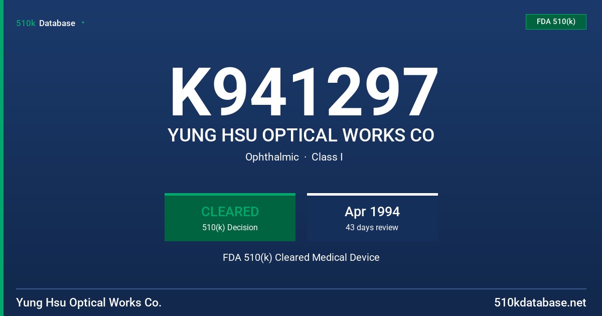 K941297 YUNG HSU OPTICAL WORKS CO FDA 510(k) Cleared Medical Device