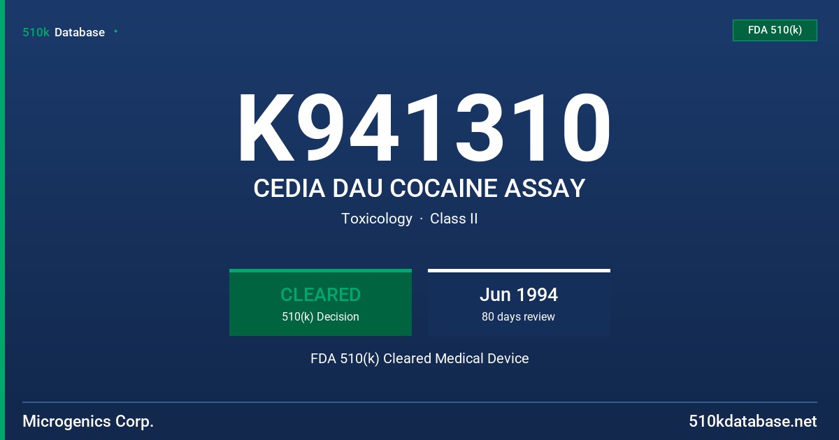 K941310 CEDIA DAU COCAINE ASSAY FDA 510(k) Cleared Medical Device