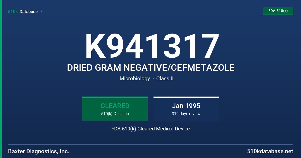 K941317 DRIED GRAM NEGATIVE/CEFMETAZOLE FDA 510(k) Cleared Medical Device