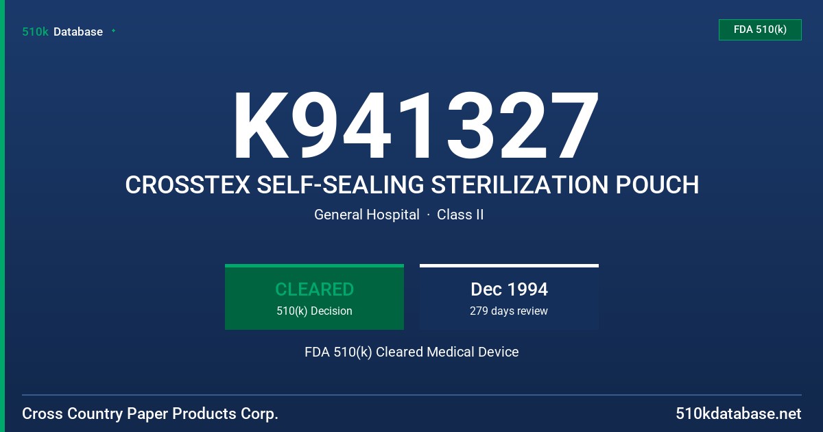 K941327 CROSSTEX SELF-SEALING STERILIZATION POUCH FDA 510(k) Cleared Medical Device