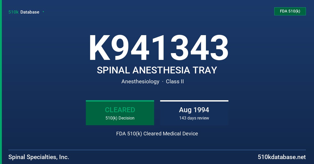 K941343 SPINAL ANESTHESIA TRAY FDA 510(k) Cleared Medical Device