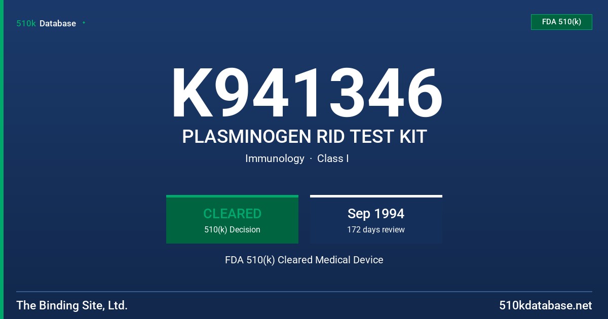 K941346 PLASMINOGEN RID TEST KIT FDA 510(k) Cleared Medical Device