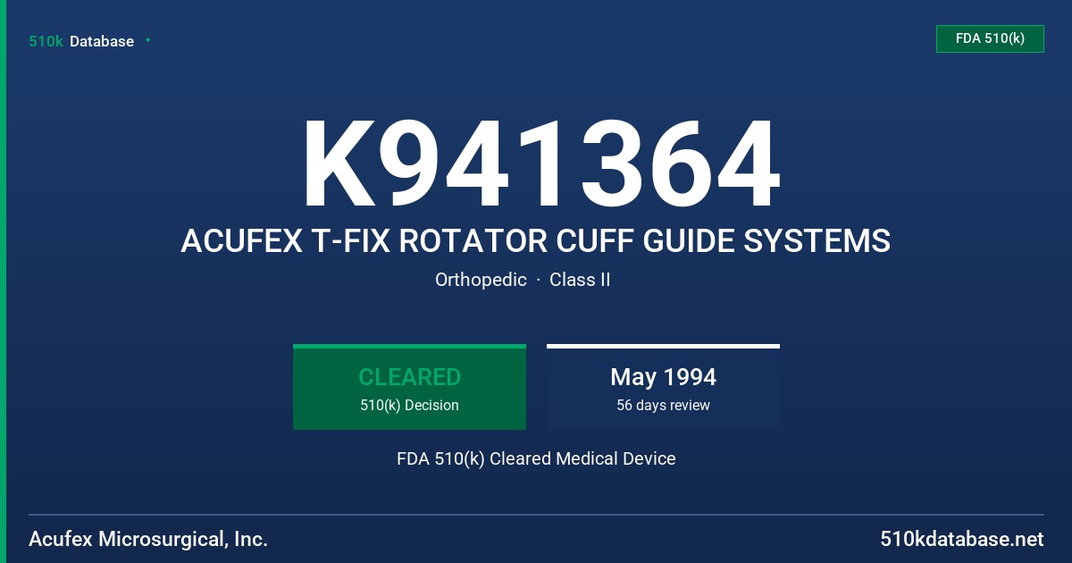 K941364 ACUFEX T-FIX ROTATOR CUFF GUIDE SYSTEMS FDA 510(k) Cleared Medical Device