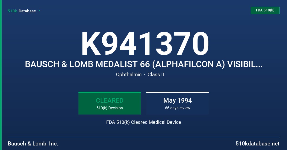 K941370 BAUSCH & LOMB MEDALIST 66 (ALPHAFILCON A) VISIBILITY TINTED CONTACT LENS FDA 510(k) Cleared Medical Device