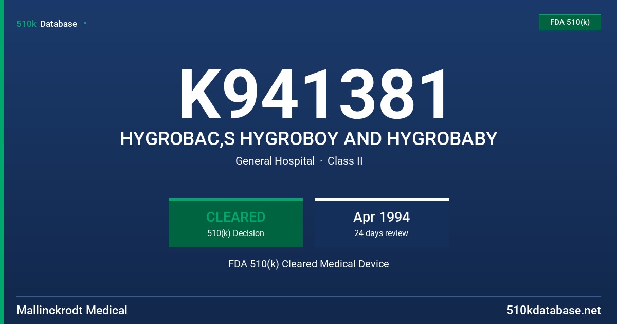 K941381 HYGROBAC,S HYGROBOY AND HYGROBABY FDA 510(k) Cleared Medical Device