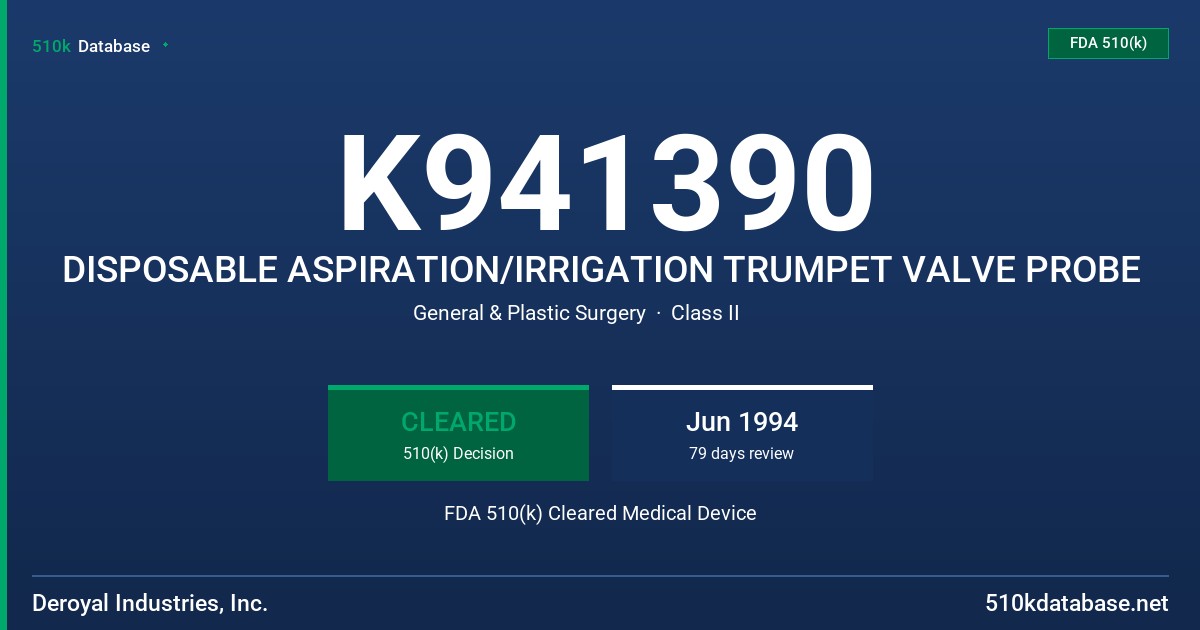 K941390 DISPOSABLE ASPIRATION/IRRIGATION TRUMPET VALVE PROBE FDA 510(k) Cleared Medical Device