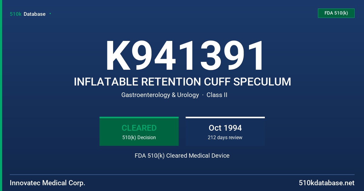 K941391 INFLATABLE RETENTION CUFF SPECULUM FDA 510(k) Cleared Medical Device