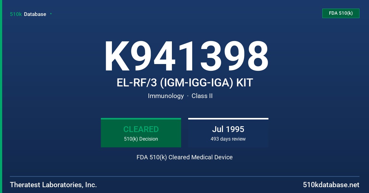 K941398 EL-RF/3 (IGM-IGG-IGA) KIT FDA 510(k) Cleared Medical Device