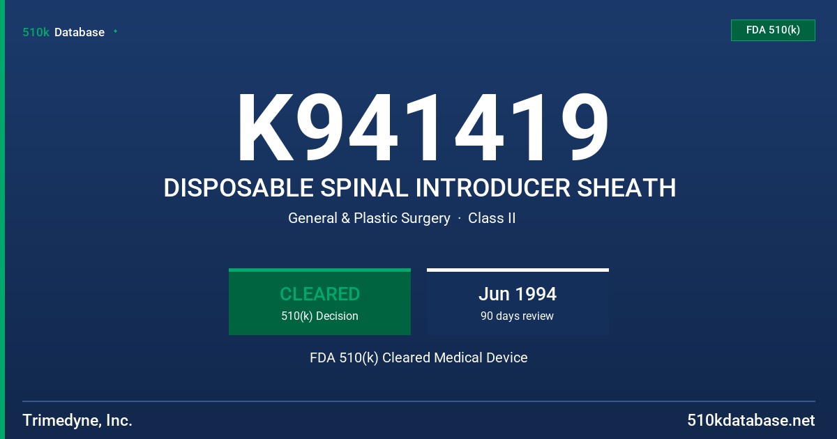 K941419 DISPOSABLE SPINAL INTRODUCER SHEATH FDA 510(k) Cleared Medical Device