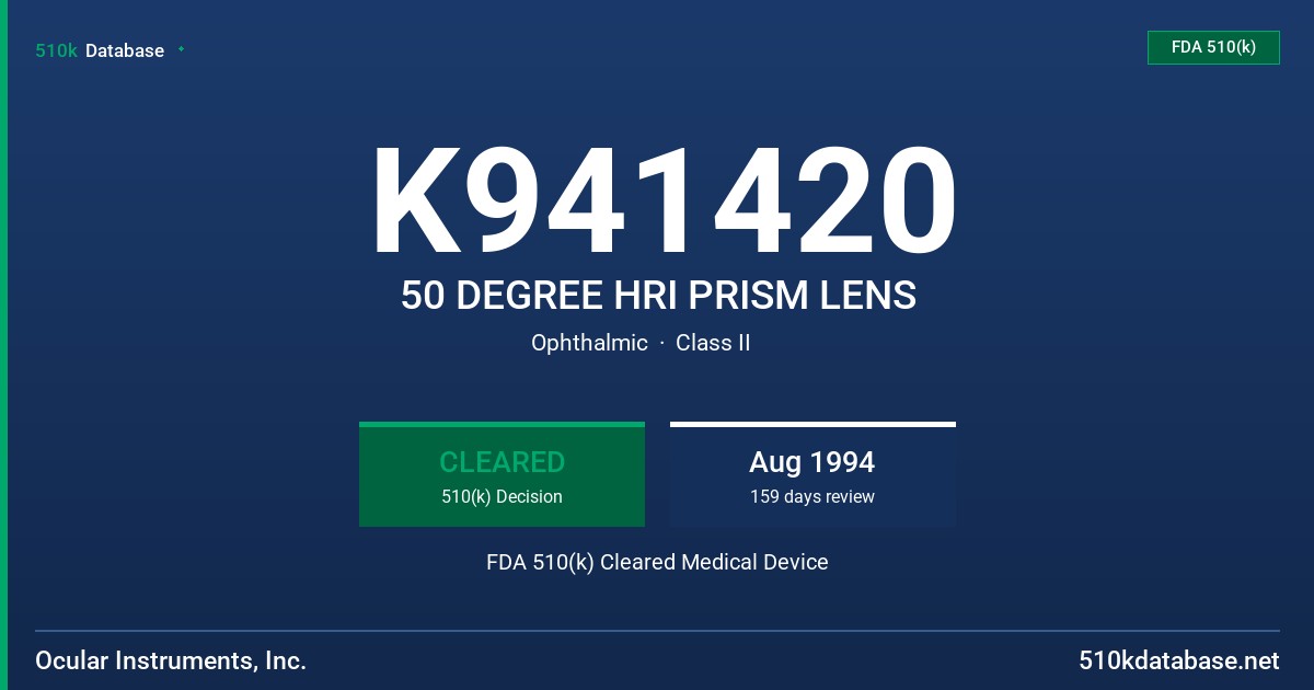 K941420 50 DEGREE HRI PRISM LENS FDA 510(k) Cleared Medical Device
