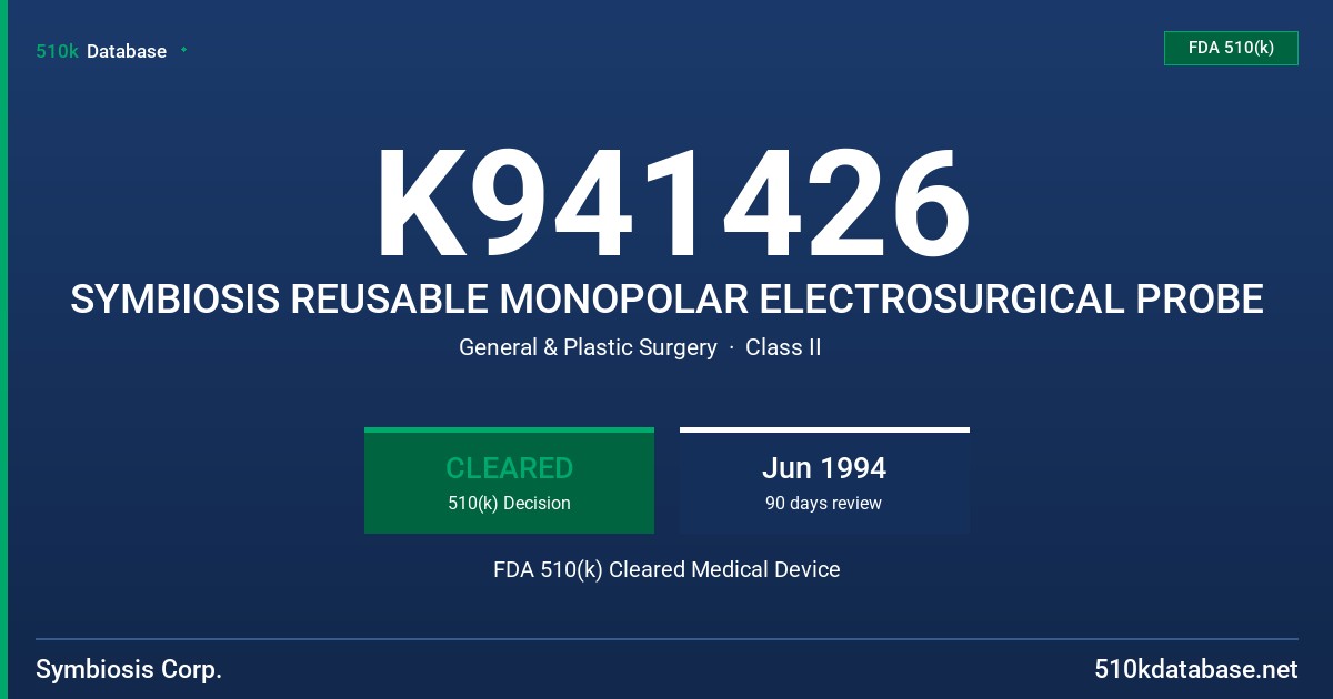 K941426 SYMBIOSIS REUSABLE MONOPOLAR ELECTROSURGICAL PROBE FDA 510(k) Cleared Medical Device