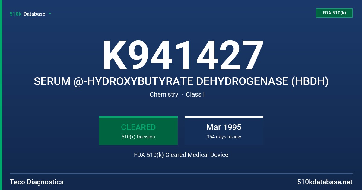 K941427 SERUM @-HYDROXYBUTYRATE DEHYDROGENASE (HBDH) FDA 510(k) Cleared Medical Device
