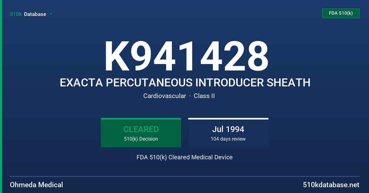 K941428 EXACTA PERCUTANEOUS INTRODUCER SHEATH FDA 510(k) Cleared Medical Device